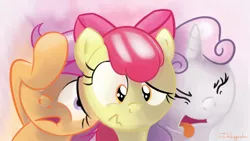 Size: 5120x2880 | Tagged: safe, artist:inkygarden, derpibooru import, apple bloom, scootaloo, sweetie belle, absurd resolution, cutie mark crusaders, disgusted, drama queen, faint, shiny hair, shiny mane, tongue out, wavy mouth