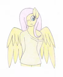 Size: 1223x1474 | Tagged: anthro, artist:fred7162, clothes, derpibooru import, fluttershy, off shoulder, safe, solo