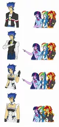 Size: 1024x2199 | Tagged: safe, artist:urusee584, derpibooru import, flash sentry, rainbow dash, sunset shimmer, twilight sparkle, twilight sparkle (alicorn), equestria girls, butler, clothes, comic, crossdressing, exploitable meme, female, flare warden, flaredash, flarelight, flashdash, flashimmer, flashlight, implied bisexual, implied lesbian, maid, maid sentry, male, meme, reaction guys, rule 63, shipping, straight, wat