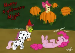 Size: 1480x1050 | Tagged: apple bloom, artist:sgtgarand, clothes, costume, cutie mark crusaders, derpibooru import, eyes closed, laughing, nightmare night, on back, pinkie pie, safe, scootaloo, sweetie belle