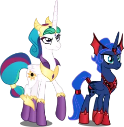 Size: 1633x1674 | Tagged: dead source, safe, artist:xebck, derpibooru import, idw, princess celestia, princess luna, alicorn, pony, reflections, alternate universe, dark mirror universe, duo, evil, evil celestia, evil counterpart, evil luna, evil sisters, female, idw showified, mare, royal sisters, simple background, sisters, transparent background, vector
