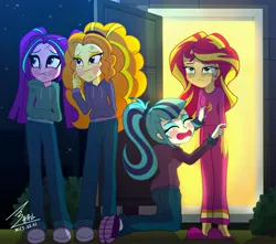 Size: 4039x3570 | Tagged: safe, artist:bluse, derpibooru import, part of a set, adagio dazzle, aria blaze, sonata dusk, sunset shimmer, equestria girls, begging, blushing, clothes, crying, dirty, eyes closed, female, frown, homeless, hoodie, kneeling, open mouth, pajamas, pants, part of a series, poverty, shoes, show accurate, signature, sleepy, slippers, sweater, the dazzlings, the wandering dazzlings, tired, unamused