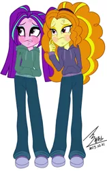 Size: 900x1429 | Tagged: safe, artist:bluse, derpibooru import, adagio dazzle, aria blaze, equestria girls, background removed, female, homeless, poverty, show accurate, signature, simple background, white background