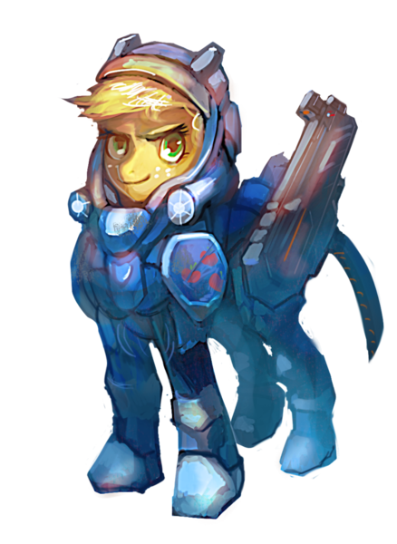 Size: 900x1234 | Tagged: applejack, armor, artist:electrixocket, crossover, derpibooru import, gun, looking at you, marine, powered exoskeleton, safe, solo, starcraft, starcraft 2