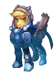 Size: 900x1234 | Tagged: applejack, armor, artist:electrixocket, crossover, derpibooru import, gun, looking at you, marine, powered exoskeleton, safe, solo, starcraft, starcraft 2