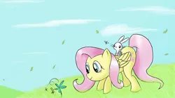 Size: 1920x1080 | Tagged: safe, artist:whoovespon3, derpibooru import, angel bunny, fluttershy, bee, pegasus, pony, rabbit, cute, female, flower, grass, leaves, male, mare, sky, smiling, wind