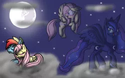 Size: 1800x1126 | Tagged: artist:midthechaosprincess, blushing, cloud, cloudy, derpibooru import, dream, dream walker luna, floppy ears, flutterblitz, fluttershy, flying, half r63 shipping, mare in the moon, moon, princess luna, prone, rainbow blitz, rainbow dash, rule 63, safe, shipping, spread wings