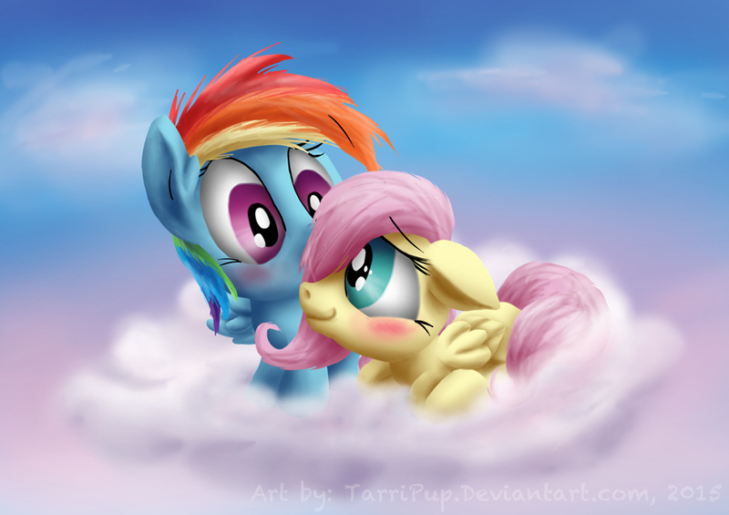 Size: 900x636 | Tagged: safe, artist:tarripup, derpibooru import, fluttershy, rainbow dash, blushing, cloud, cloudy, female, filly, floppy ears, flutterdash, lesbian, prone, shipping, younger