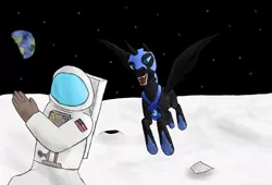 Size: 1280x872 | Tagged: artist:rutras3000, astronaut, chase, derpibooru import, earth, flying, human, luna and the nauts, moon, nightmare moon, safe, spacesuit, this will end in tears