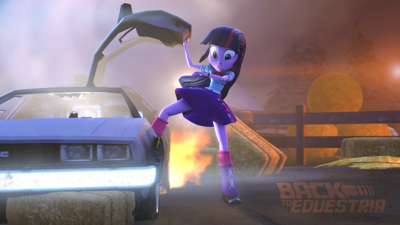 Size: 1920x1080 | Tagged: safe, artist:creatorofpony, artist:jspzyhl, artist:theshabbycat, derpibooru import, twilight sparkle, twilight sparkle (alicorn), equestria girls, 3d, 3d model, back to the future, boots, car, clock, clothes, delorean, dmc, fence, fire, panic, shirt, skirt, solo, source filmmaker, watch, worried