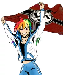 Size: 1280x1513 | Tagged: artist needed, safe, banned from derpibooru, deleted from derpibooru, derpibooru import, edit, rainbow dash, human, female, finland, flag, humanized, mouthpiece, nazi, out of character, racism, simple background, solo, swastika, white background