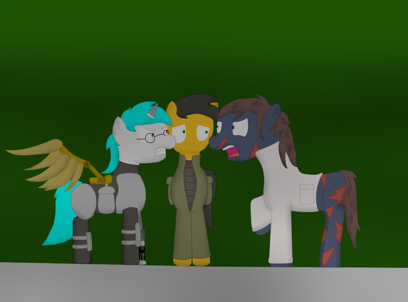 Size: 1024x759 | Tagged: safe, artist:minty candy, derpibooru import, oc, oc:minty candy, oc:twintails, unofficial characters only, cyborg, earth pony, ghoul, pegasus, pony, unicorn, fallout equestria, fallout equestria: occupational hazards, angry, armor, artificial wings, augmented, glasses, mechanical wing, scientist, wings, yelling