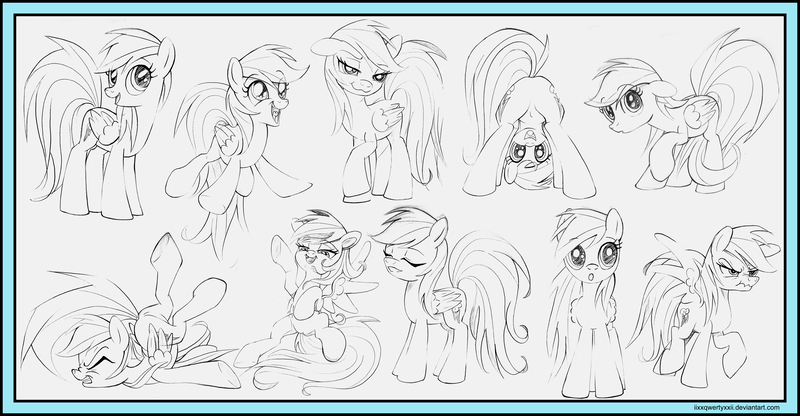Size: 13314x6917 | Tagged: safe, artist:uminanimu, derpibooru import, rainbow dash, 3:, absurd resolution, angry, bedroom eyes, eyes closed, floppy ears, gritted teeth, happy, :o, open mouth, raised hoof, scrunchy face, sketch, smiling, smirk, spread wings