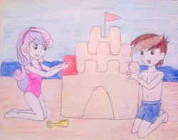 Size: 1011x791 | Tagged: safe, artist:little-miss-oshawott, derpibooru import, pipsqueak, sweetie belle, equestria girls, beach, belly button, clothes, date, female, male, one-piece swimsuit, sand castle, shipping, straight, sweetiesqueak, swim trunks, swimsuit, topless, traditional art