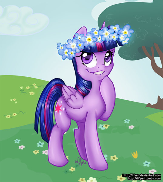 Size: 700x780 | Tagged: safe, artist:lifyen, derpibooru import, twilight sparkle, twilight sparkle (alicorn), alicorn, pony, female, floral head wreath, flower, forget-me-not, mare, solo, spring