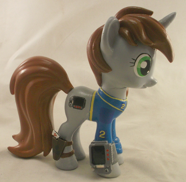 Size: 2889x2833 | Tagged: safe, artist:gryphyn-bloodheart, derpibooru import, oc, oc:littlepip, unofficial characters only, pony, unicorn, fallout equestria, fanfic, 3d print, clothes, custom, cutie mark, female, funko, gun, handgun, hooves, horn, irl, little macintosh, mare, photo, pipbuck, revolver, solo, toy, vault suit, weapon