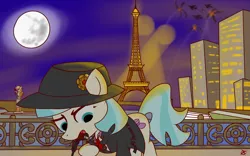 Size: 2000x1250 | Tagged: artist:comrade_spy, clothes, coco chanel, coco pommel, derpibooru import, eiffel tower, explosion, france, gun, hat, luger, mouth hold, night, paris, pistol, ponified, safe, spotlights, spy, trenchcoat