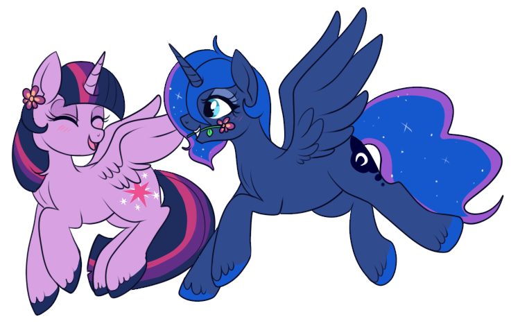 Size: 750x473 | Tagged: safe, artist:lulubell, derpibooru import, princess luna, twilight sparkle, twilight sparkle (alicorn), alicorn, pony, female, flower, flower in mouth, lesbian, mare, mouth hold, shipping, simple background, transparent background, twiluna, unshorn fetlocks