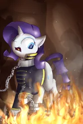 Size: 2000x3000 | Tagged: semi-grimdark, artist:baldmoose, derpibooru import, rarity, pony, unicorn, the count of monte rainbow, chains, clothes, crossover, fire, hell, hell to your doorstep, imminent death, open mouth, rarifort, solo, the count of monte cristo, this will end in death
