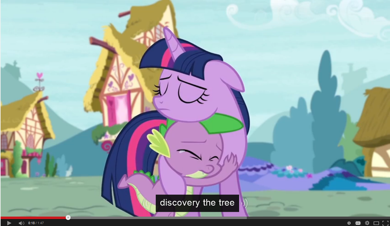 Size: 1282x744 | Tagged: safe, derpibooru import, edit, edited screencap, screencap, spike, twilight sparkle, twilight sparkle (alicorn), alicorn, pony, unicorn, castle sweet castle, season 5, caption, crying, female, hug, mare, meme, youtube caption