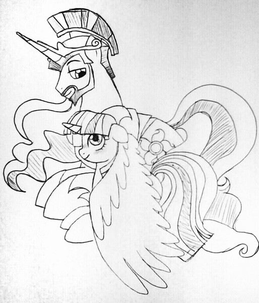 Size: 863x1008 | Tagged: artist:unoriginai, cute, derpibooru import, half r63 shipping, prince solaris, princess celestia, rule 63, safe, shipping, solartwi, traditional art, twilaris, twilestia, twilight sparkle, twilight sparkle (alicorn)