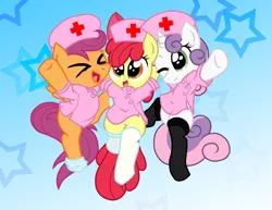 Size: 2327x1800 | Tagged: :3, adorabloom, apple bloom, artist:pyruvate, clothes, cute, cutealoo, cutie mark crusaders, derpibooru import, diasweetes, nurse, open mouth, safe, scootaloo, smiling, socks, stockings, sweetie belle, this will end in tears and/or death and/or covered in tree sap, wink