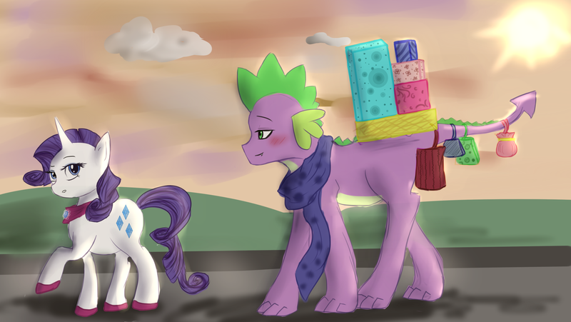 Size: 3264x1840 | Tagged: safe, artist:slytherinakatsuki, derpibooru import, rarity, spike, bag, bedroom eyes, blushing, clothes, eyes on the prize, female, male, outdoors, pregnant, raised hoof, scarf, shipping, shopping, smiling, sparity, straight, walking