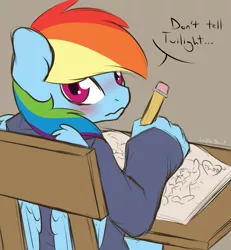 Size: 1280x1388 | Tagged: safe, artist:leatherbiscuit, artist:spiritcookie, derpibooru import, rainbow dash, twilight sparkle, anthro, blushing, caught, drawing, female, lesbian, shipper on deck, shipping, sitting, sketchbook, solo, twidash