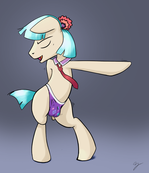 Size: 1729x1994 | Tagged: artist:chef j, balls, clothes, cocoa cantle, coco pommel, crossdressing, crotch bulge, dancing, derpibooru import, male, panties, partial nudity, questionable, rule 63, simple background, solo, solo male, spankable coin purse, underwear