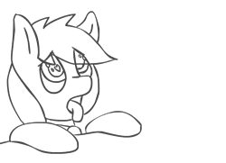 Size: 800x578 | Tagged: safe, artist:monanniverse, derpibooru import, oc, oc:aryanne, unofficial characters only, begging, black and white, bust, grayscale, heart eyes, looking up, monochrome, pet, portrait, simple background, sketch, solo, table, thirsty, tongue out, white background, wingding eyes