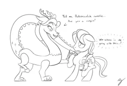 Size: 2875x1968 | Tagged: safe, artist:chef j, derpibooru import, discord, fluttershy, all the mares tease butterscotch, butterscotch, discoshy, eris, eriscotch, female, male, monochrome, rule 63, shipping, straight