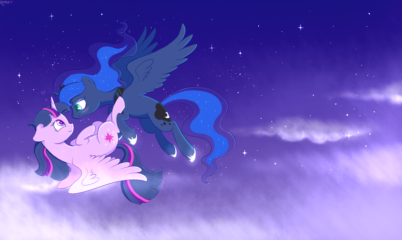 Size: 1493x893 | Tagged: safe, artist:kodabomb, derpibooru import, princess luna, twilight sparkle, twilight sparkle (alicorn), alicorn, pony, cloud, cloudy, female, flying, lesbian, mare, night, shipping, stars, twiluna