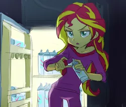 Size: 500x425 | Tagged: dead source, safe, artist:baekgup, derpibooru import, sunset shimmer, equestria girls, rainbow rocks, clothes, female, food, off shoulder, open mouth, pajamas, scene interpretation, solo, whipped cream