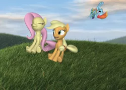 Size: 1370x988 | Tagged: 3d, 3d pony creator, applejack, artist:darth-silas, breeze, derpibooru import, fluttershy, flying, grass, hatless, hill, missing accessory, peace, peaceful, pony creator 3d, ponylumen, rainbow dash, safe, sitting, smiling, summer, upside down