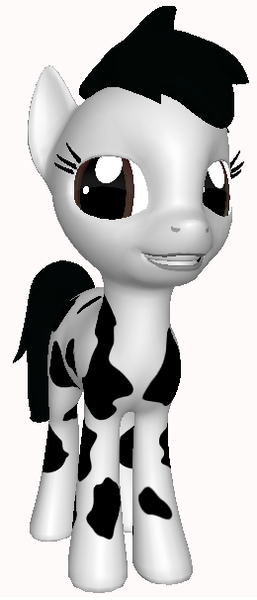 Size: 260x606 | Tagged: safe, artist:darth-silas, derpibooru import, cow, earth pony, hybrid, pony, 3d, 3d pony creator, black hair, blank slate, bovine, brown eyes, female, half-breed, holstein, mare, pony creator 3d, ponylumen, smiling, spots