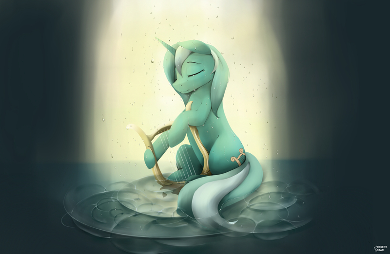 Size: 2300x1500 | Tagged: dead source, safe, artist:des1597, derpibooru import, lyra heartstrings, pony, unicorn, eyes closed, lyre, musical instrument, smiling, solo, water, wet mane