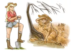 Size: 1000x725 | Tagged: applejack, artist:king-kakapo, boots, clean, clothes, daisy dukes, dirty, human, humanized, mud, quicksand, safe, shorts, shovel, sketch, solo, tree, tree branch