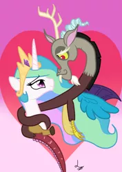 Size: 1024x1444 | Tagged: safe, artist:princesslovelypony, derpibooru import, discord, princess celestia, dislestia, female, heart, hearts and hooves day, male, shipping, straight