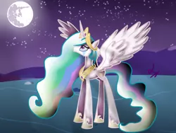 Size: 816x612 | Tagged: artist:princesslovelypony, crying, derpibooru import, mare in the moon, moon, night, princess celestia, safe, solo, spread wings