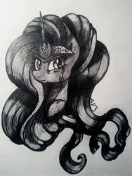 Size: 3072x4096 | Tagged: safe, artist:amberpon3, derpibooru import, nightmare rarity, pony, unicorn, bust, crying, female, graphite drawing, mare, monochrome, portrait, sad, solo, traditional art