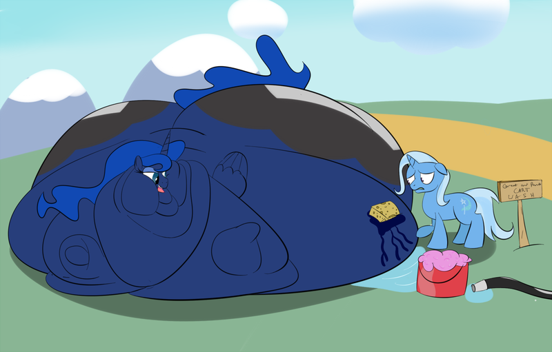 Size: 1500x959 | Tagged: questionable, artist:astr0zone, derpibooru import, princess luna, trixie, alicorn, pony, unicorn, ass, bingo wings, blob, both cutie marks, bucket, butt, chubby cheeks, double chin, fat, hose, immobile, impossibly large belly, impossibly large butt, moonbutt, morbidly obese, neck roll, obese, princess moonpig, puddle, royal fitness, scrubbing, sign, sponge, sponge bath, stretched cutie mark, suds, triple chin, washing