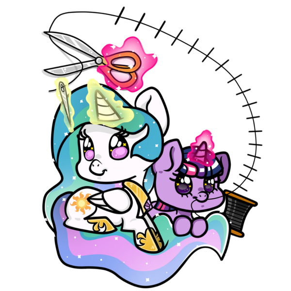 Size: 1000x1000 | Tagged: artist:princess-ni-ni, derpibooru import, magic, mouth hold, needle, princess celestia, safe, scissors, simple background, telekinesis, thread, twilight sparkle