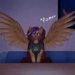 Size: 1280x1280 | Tagged: anthro, arm boob squeeze, artist:hakunohamikage, artist:silverfox057, ask, ask nerdy scootaloo, blushing, clothes, derpibooru import, female, older, pegasus, pomf, reaction, scootaloo, solo, solo female, suggestive, the legend of zelda, triforce, t-shirt, tumblr, wingboner