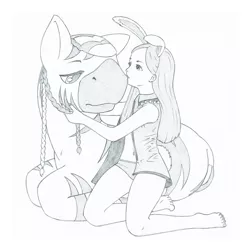 Size: 2000x2000 | Tagged: artist:daisy, crossover, derpibooru import, kissing, monochrome, oc, oc:virenth, safe, tera, traditional art, unofficial characters only, zebra