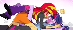 Size: 988x416 | Tagged: dead source, suggestive, artist:baekgup, derpibooru import, sunset shimmer, twilight sparkle, twilight sparkle (alicorn), equestria girls, blushing, boots, clothes, eye contact, female, implied lesbian, implied shipping, implied sunsetsparkle, looking at each other, open mouth, shoes, simple background, skirt, sweat, white background