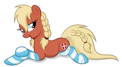 Size: 2036x1123 | Tagged: artist:littlehybridshila, bedroom eyes, clothes, denmark, derpibooru import, looking at you, nation ponies, oc, oc:valkyria, ponified, safe, socks, solo, striped socks, unofficial characters only