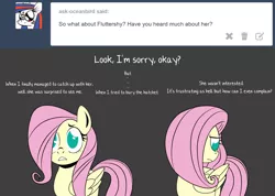 Size: 1400x998 | Tagged: apology, artist:dbkit, ask, derpibooru import, dumbbell, fluttershy, offscreen character, sad, safe, tumblr