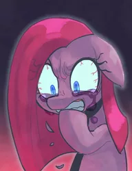 Size: 500x650 | Tagged: safe, artist:jirousan, derpibooru import, part of a set, pinkie pie, earth pony, pony, biting, bloodshot eyes, crying, female, floppy ears, frown, glare, gradient background, gritted teeth, hoof biting, mare, pinkamena diane pie, shrunken pupils, solo, wide eyes