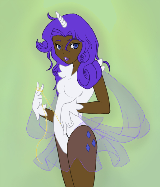 Size: 669x780 | Tagged: artist:shonen-shonen, clothes, cutie mark, dark skin, derpibooru import, gloves, horned humanization, human, humanized, magic, rarity, suggestive