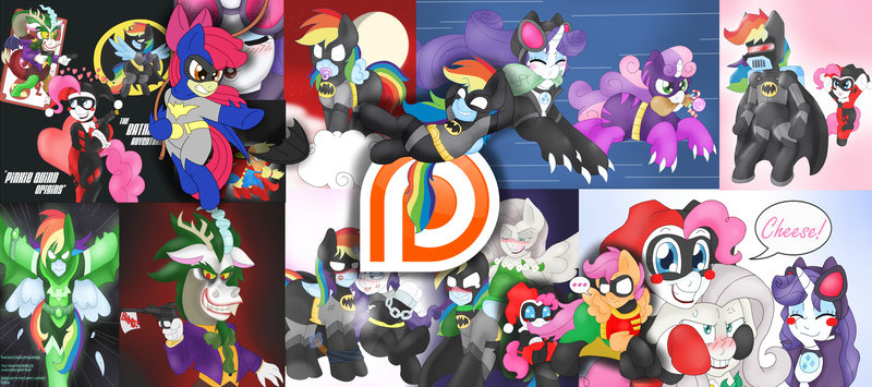 Size: 3999x1776 | Tagged: advertisement, apple bloom, applejack, artist:blackbewhite2k7, banner, batgirl, batman, batmare, catwoman, collage, crossover, discord, fluttershy, harley quinn, jokercord, logo, patreon, patreon logo, pinkie pie, pinkie quinn, poison ivy, rainbow dash, robin, safe, superman, supermare, sweetie belle, the joker